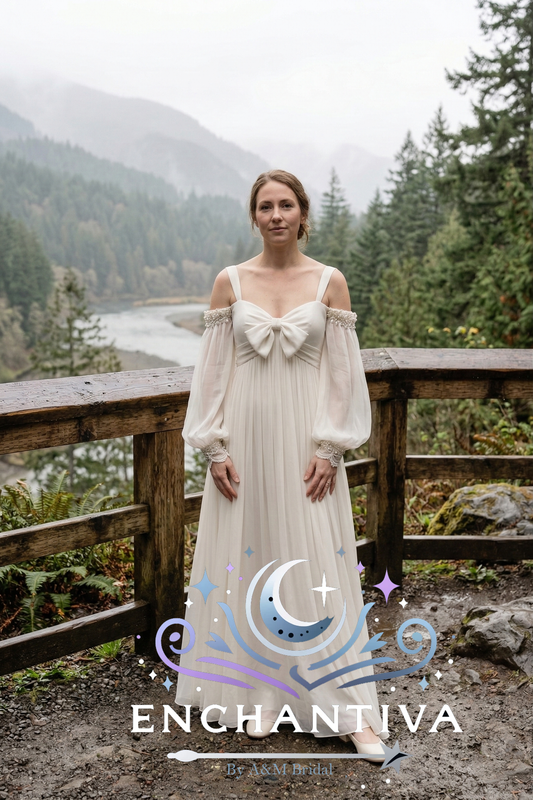 Petaline romantic chiffon wedding dress with bow bodice and off shoulder sleeves