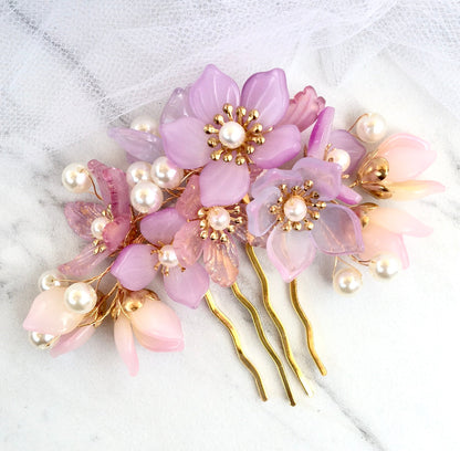 "Amery" - Pink Pearl and Glass Flowers Bridal Hair Comb