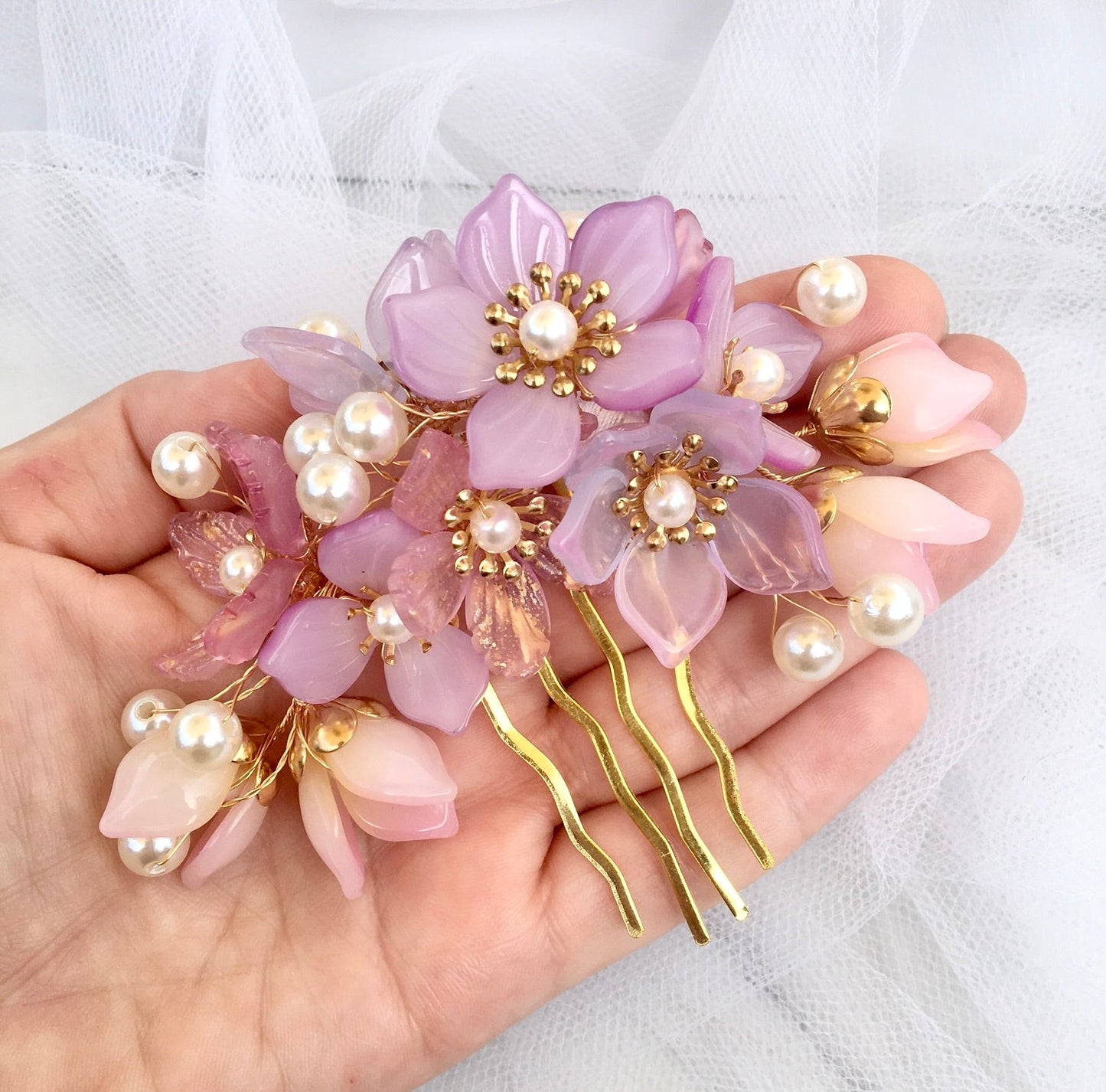 "Amery" - Pink Pearl and Glass Flowers Bridal Hair Comb