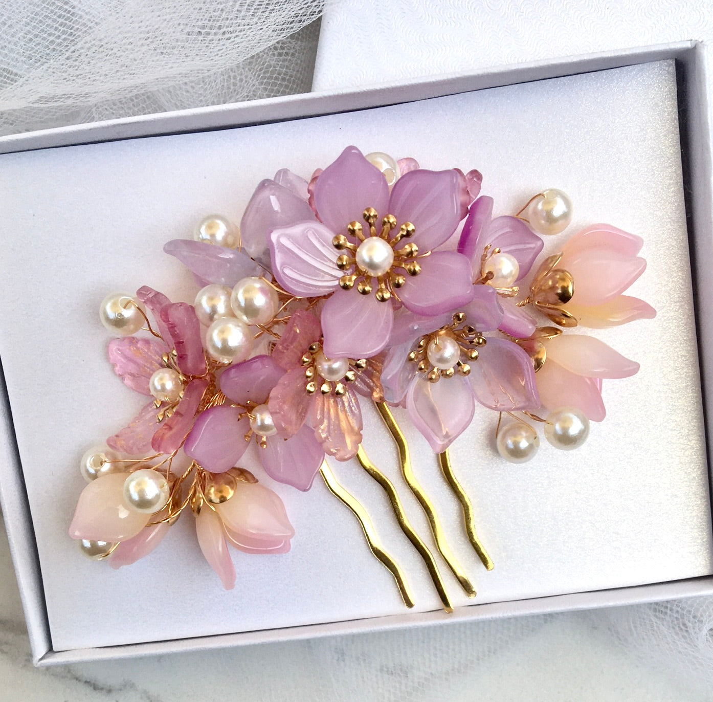 "Amery" - Pink Pearl and Glass Flowers Bridal Hair Comb