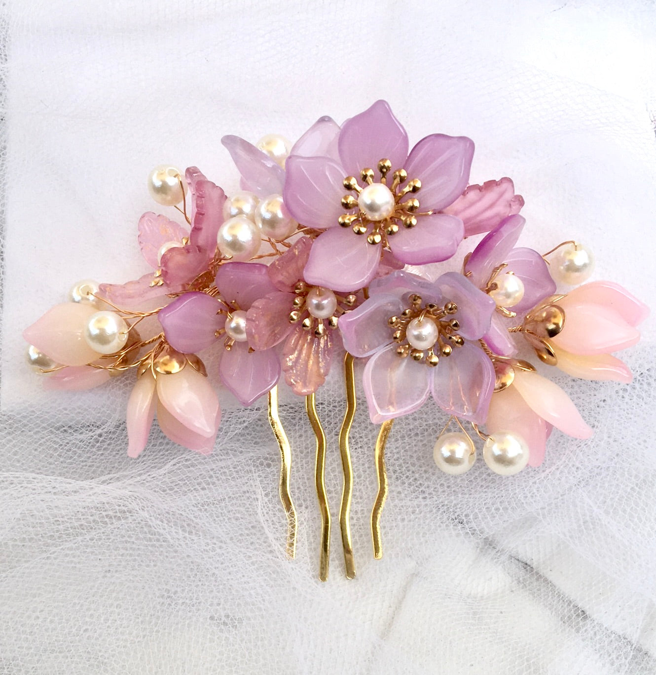 "Amery" - Pink Pearl and Glass Flowers Bridal Hair Comb