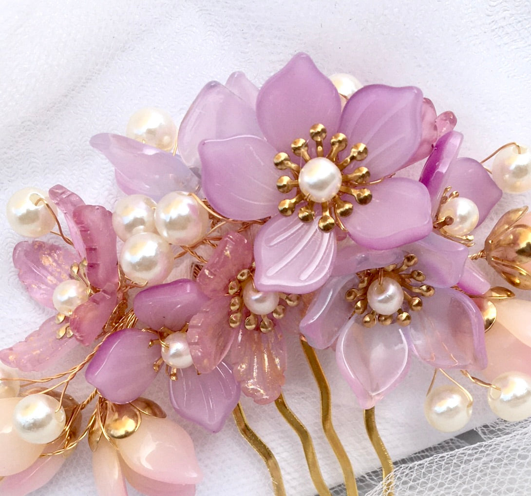 "Amery" - Pink Pearl and Glass Flowers Bridal Hair Comb