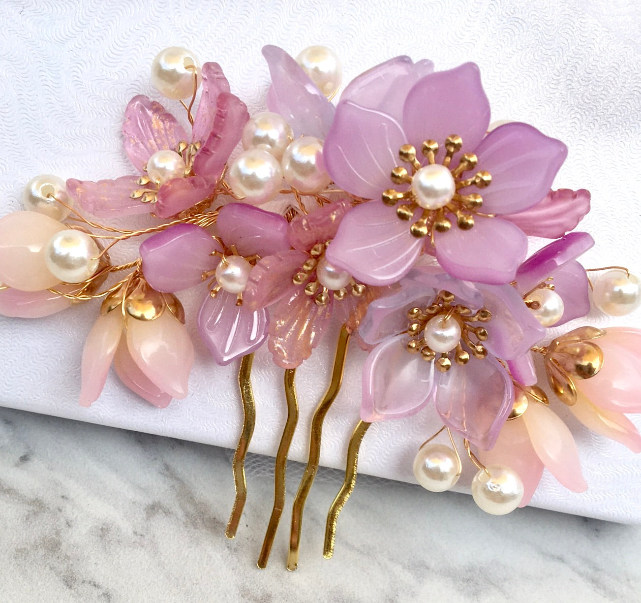 "Amery" - Pink Pearl and Glass Flowers Bridal Hair Comb