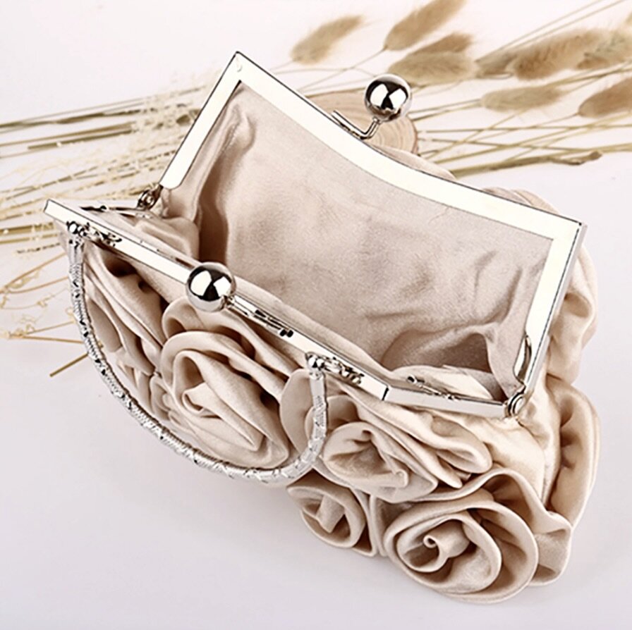 "AnnMarie" - Satin Rose Bridal Handbag Clutch - More Colors