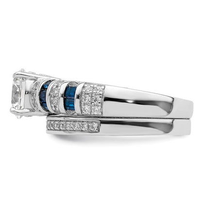 Sterling Silver Blue and White CZ Engagement Ring and Band Set