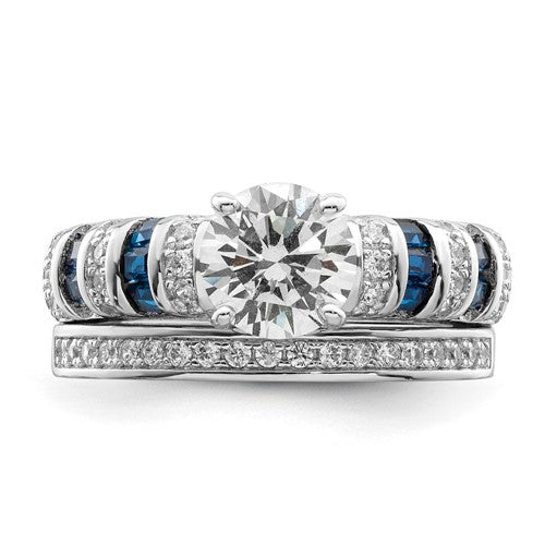 Sterling Silver Blue and White CZ Engagement Ring and Band Set