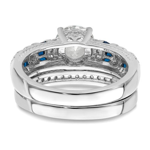 Sterling Silver Blue and White CZ Engagement Ring and Band Set