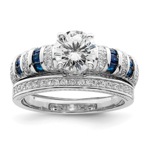 Sterling Silver Blue and White CZ Engagement Ring and Band Set