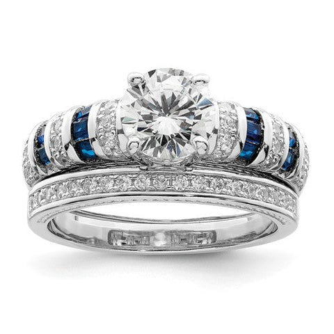 Sterling Silver Blue and White CZ Engagement Ring and Band Set
