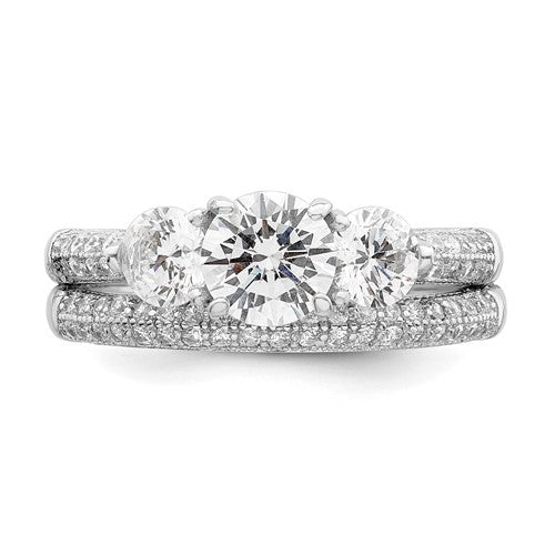 Sterling Silver CZ 3 Stone Pave Band Engagement Ring Set