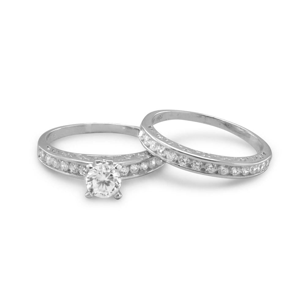 Sterling Silver CZ Engagement Ring and Wedding Band Set