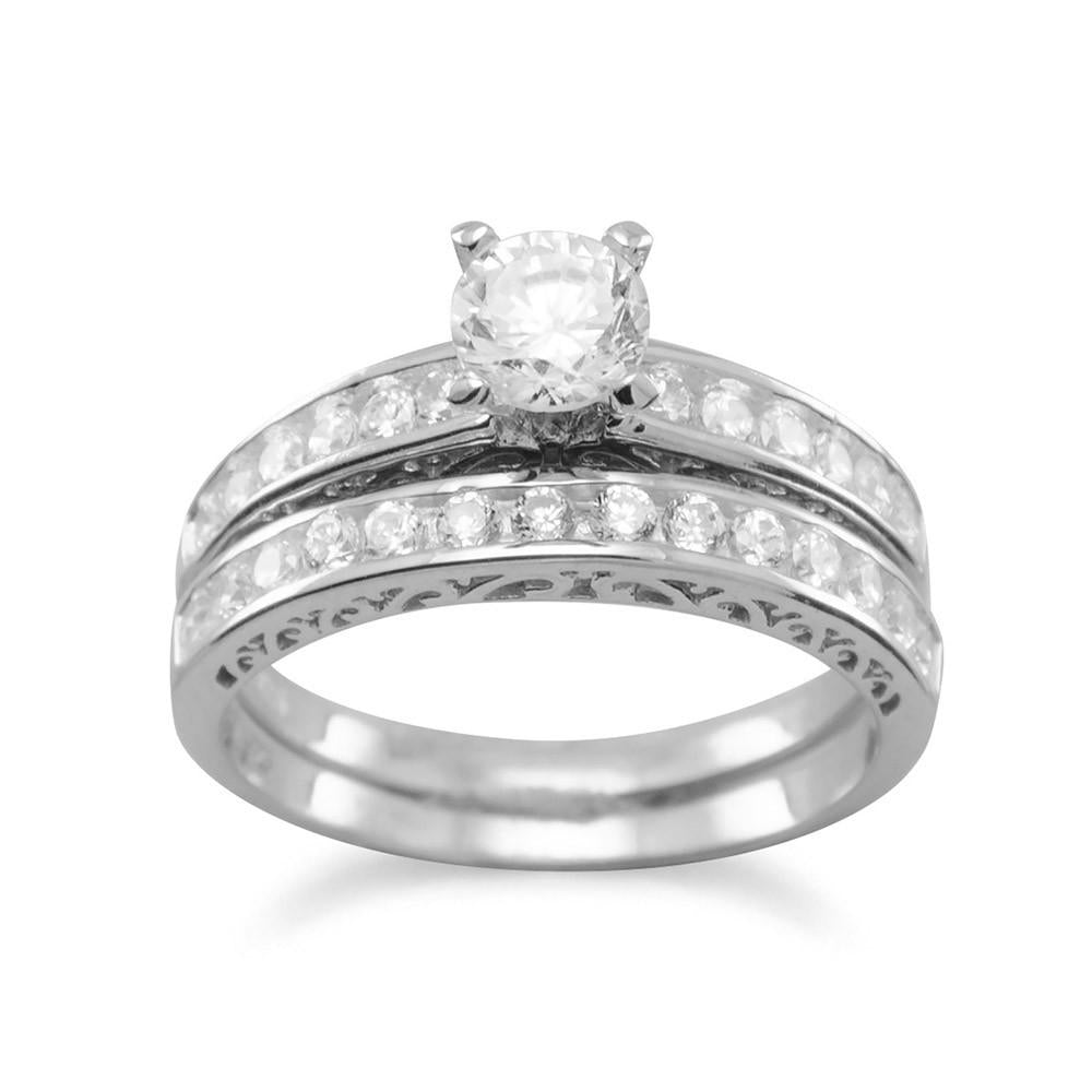 Sterling Silver CZ Engagement Ring and Wedding Band Set