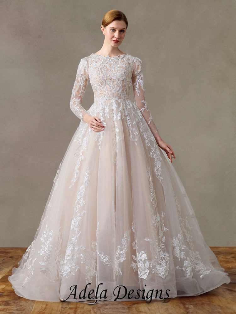 Maisie Wedding Dress Blush Lace Ball Gown with Long Sleeves | Adela Designs A & M Enterprises Bridal Maisie Wedding Dress Blush Lace Ball Gown with Long Sleeves | Adela Designs A & M Enterprises Bridal