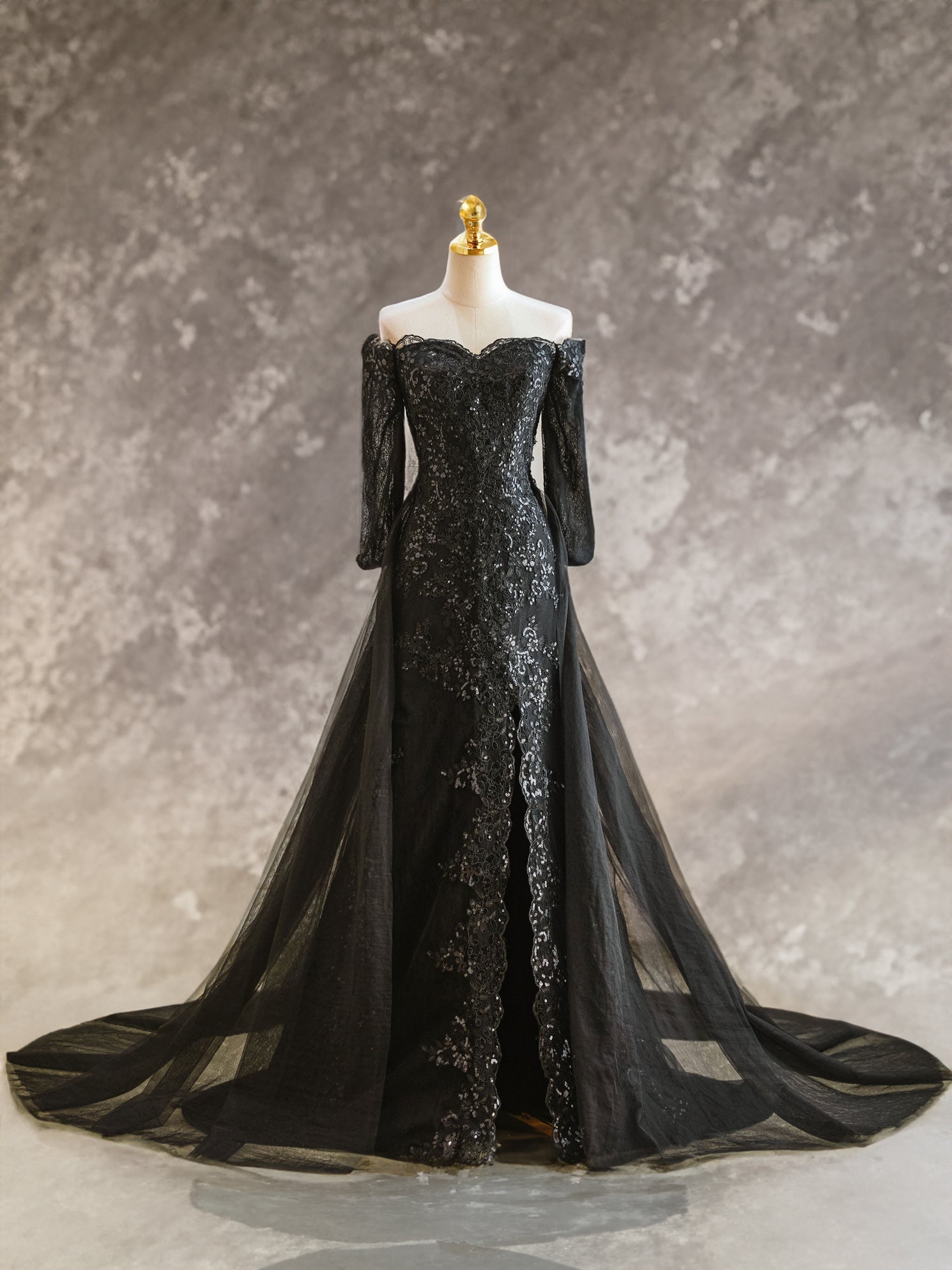 Ferne Black Off-the-Shoulder Lace Wedding Dress with Tulle Overskirt A & M Enterprises Bridal Ferne Black Off-the-Shoulder Lace Wedding Dress with Tulle Overskirt A & M Enterprises Bridal