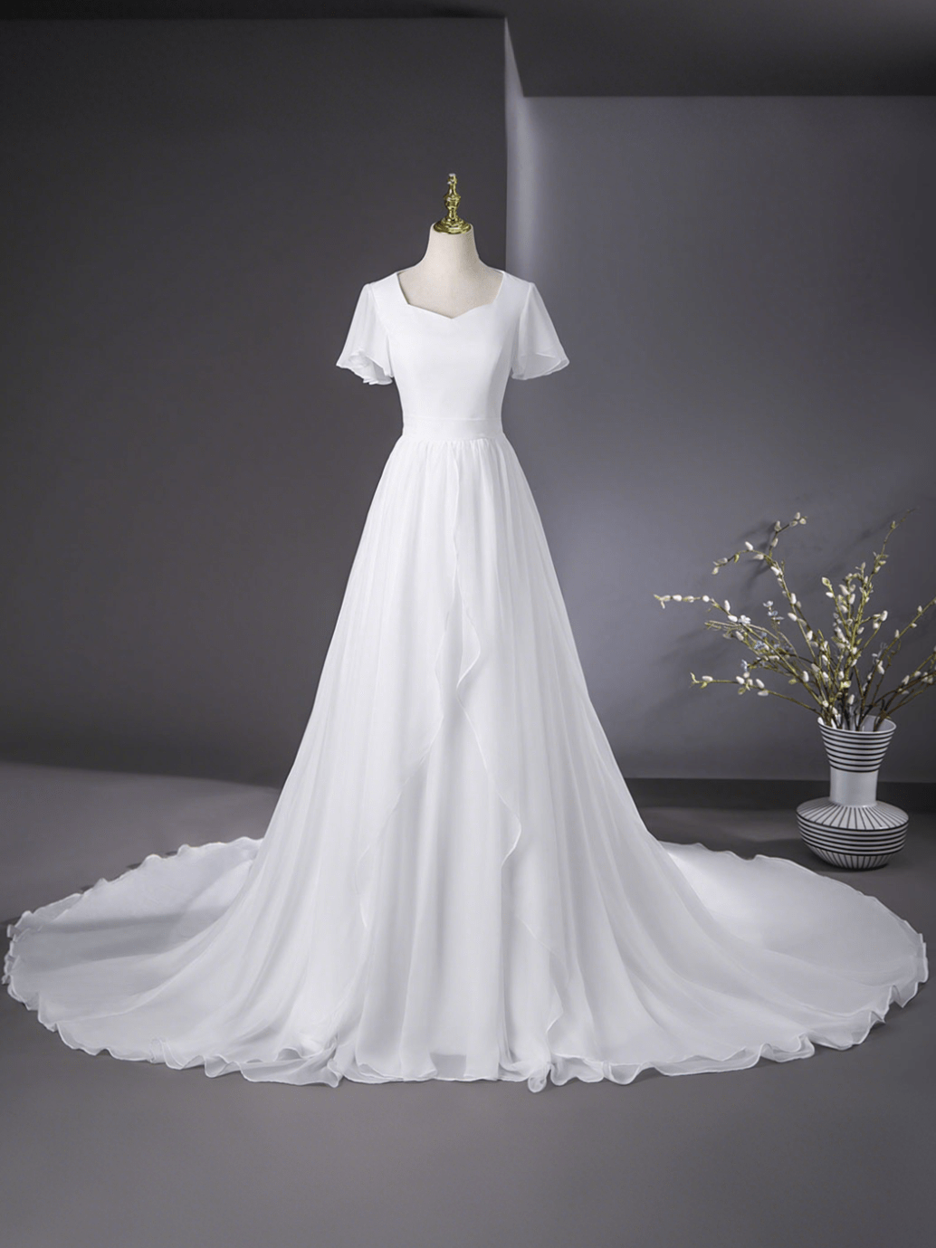 modest chiffon wedding dress Simple Modest Beach Garden A-Line V-Neck Satin Chiffon Wedding Dress with Brush Train and Ruching