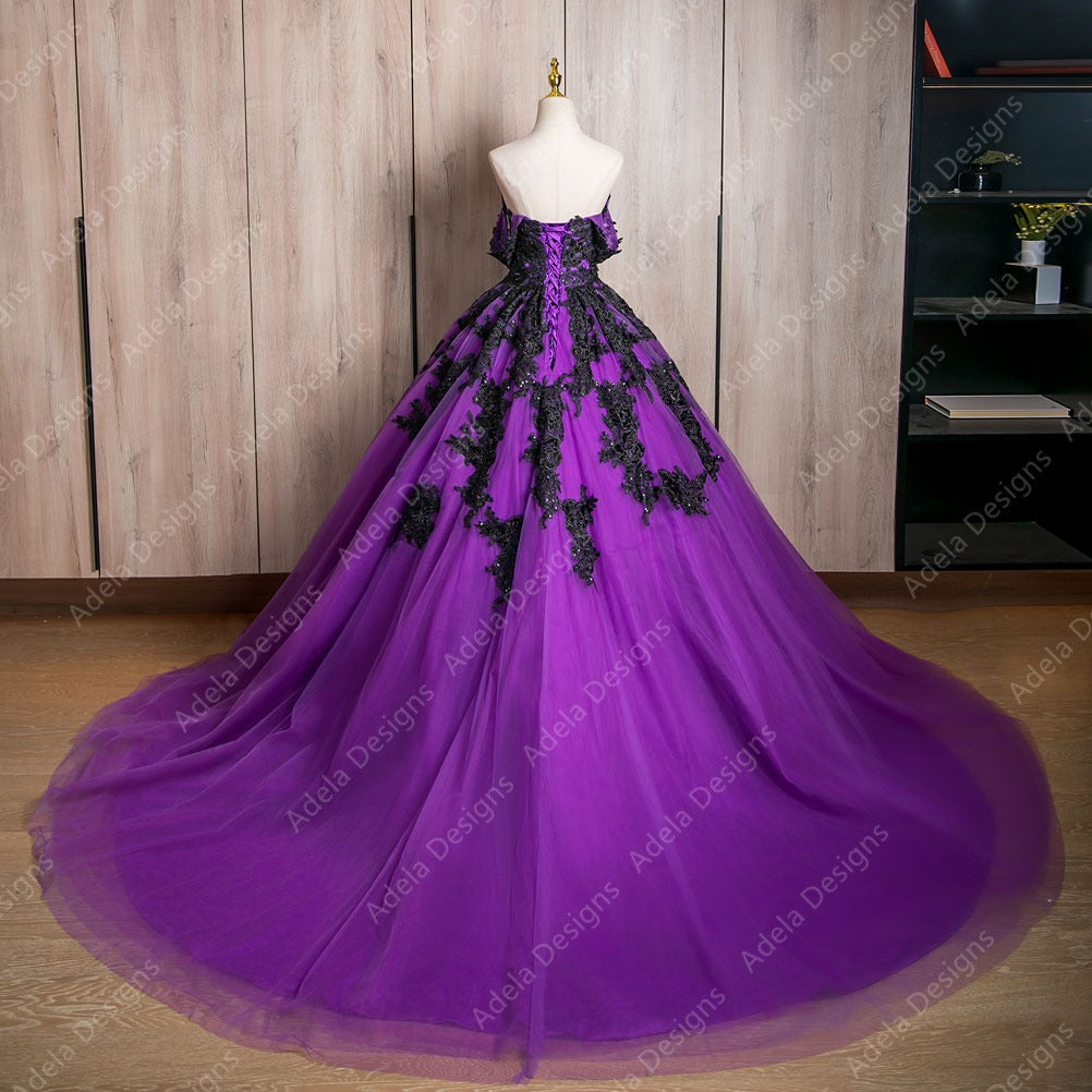 One-of-a-Kind Gothic Black & Purple Wedding Dress Off-Shoulder Lace Ball Gown For One-of-a-Kind Gothic Black & Purple Wedding Dress Off-Shoulder Lace Ball Gown For