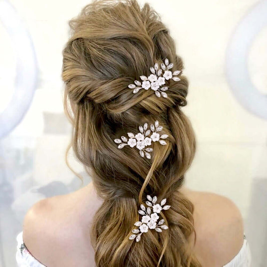 "Abranna" - Ceramic Flowers and Pearls Bridal Hair Pin