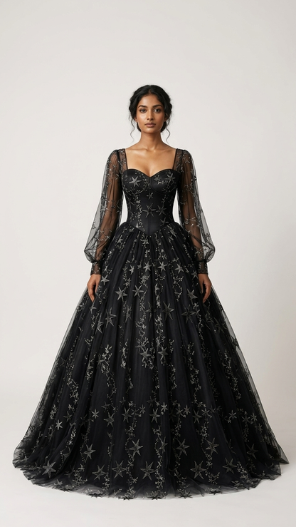 Winifred black celestial wedding dress with star embroidery and long sleeves