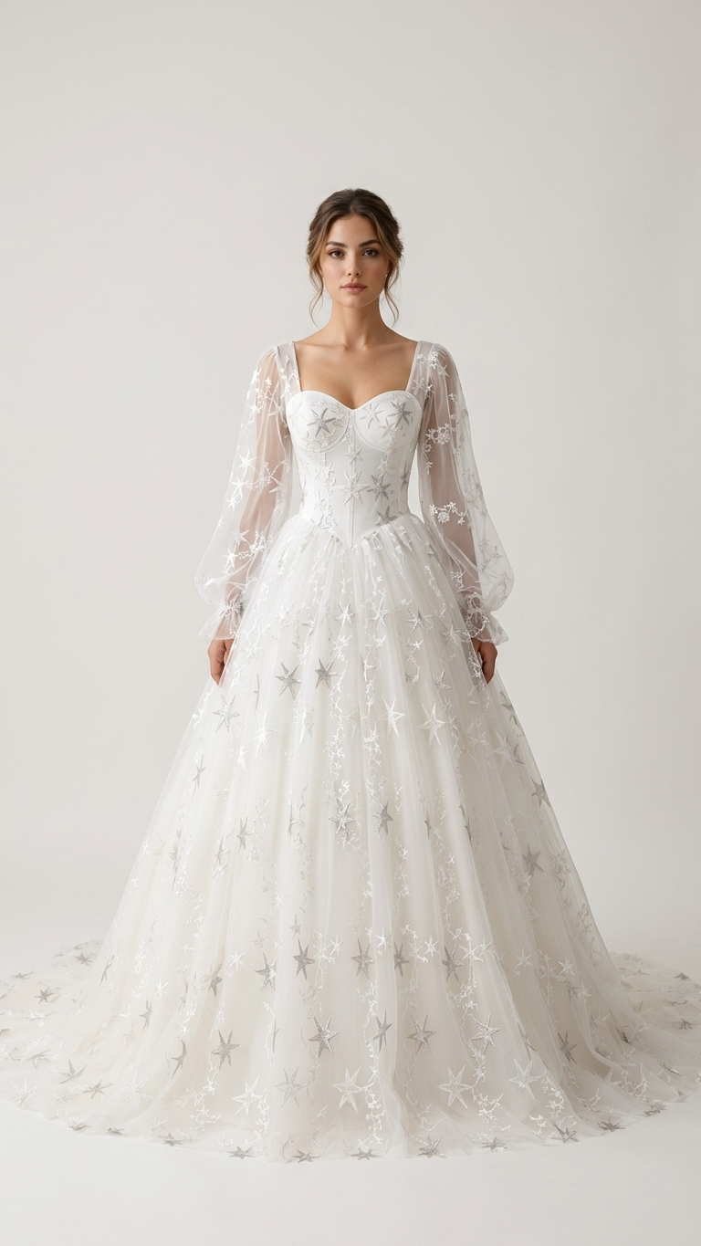 Winifred ivory celestial wedding dress with embroidered stars and long sheer sleeves