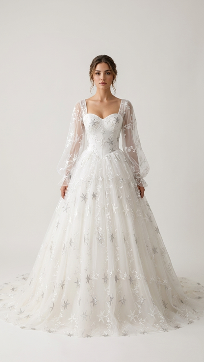 Winifred ivory celestial wedding dress with embroidered stars and long sheer sleeves