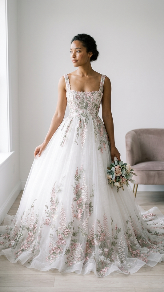 Ann Marie ivory floral embroidered wedding dress with pink flowers and full tulle ball gown skirt