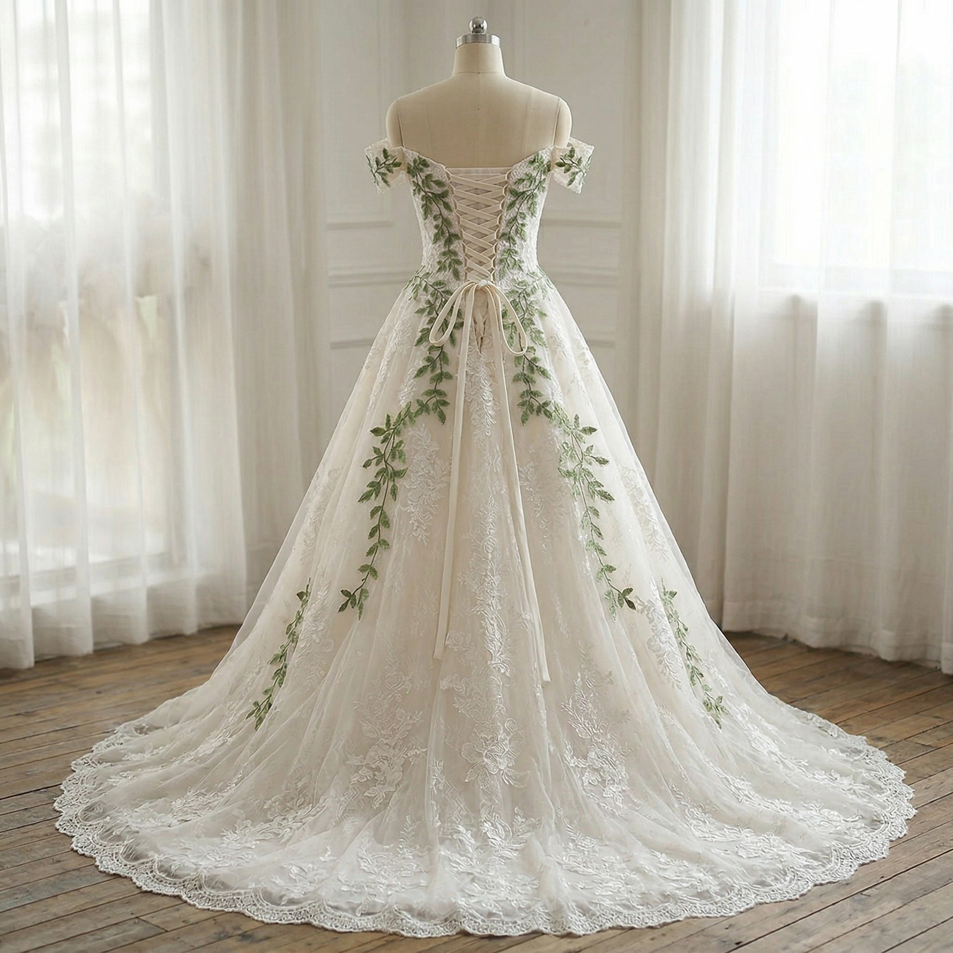 botanical wedding dress off shoulder corset back
