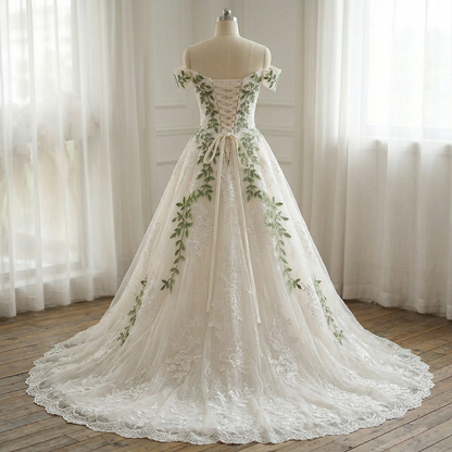 botanical wedding dress off shoulder corset back