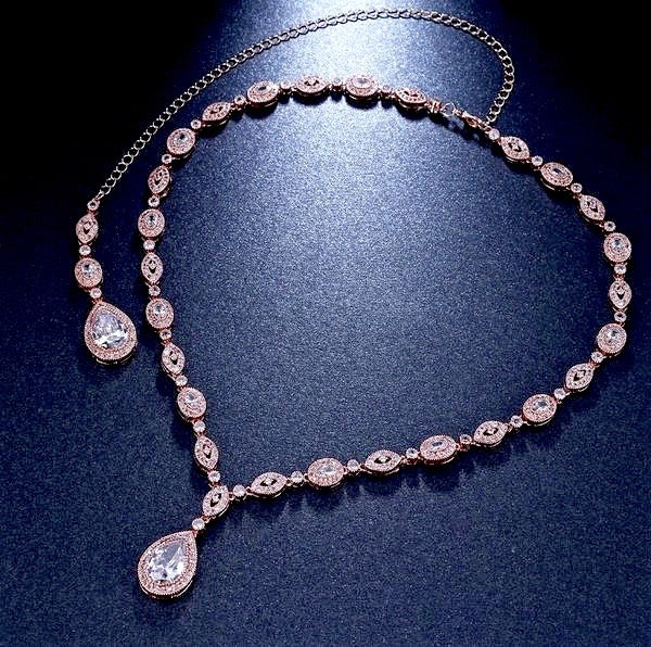 "Alexa" - Cubic Zirconia Bridal Backdrop Necklace - Available in Silver and Rose Gold