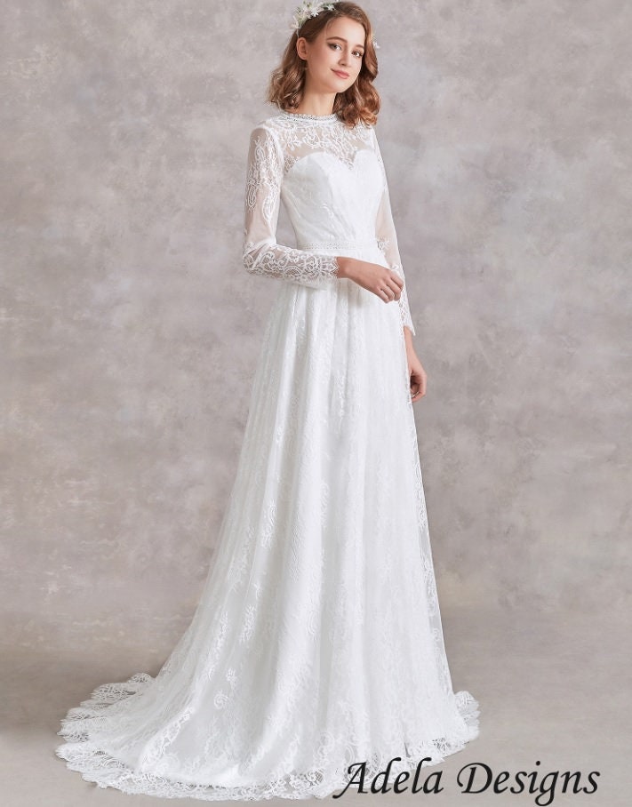 Simple Classic Long Sleeves All Over Lace Boho Wedding Dress Bridal Gown Aline Vintage Style