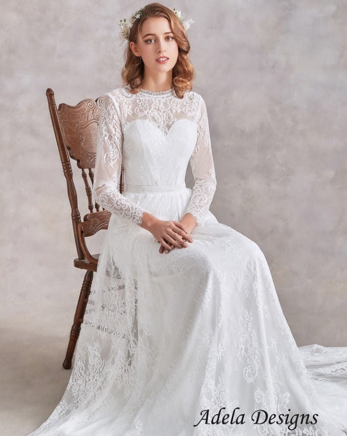 Simple Classic Long Sleeves All Over Lace Boho Wedding Dress Bridal Gown Aline Vintage Style