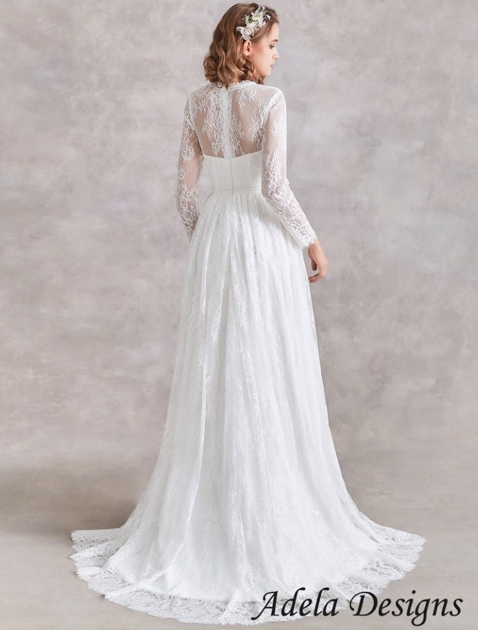 Simple Classic Long Sleeves All Over Lace Boho Wedding Dress Bridal Gown Aline Vintage Style