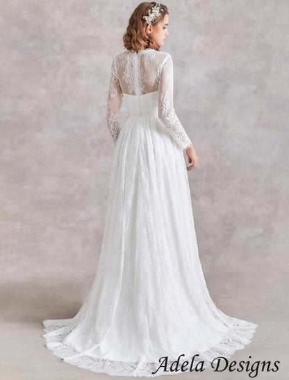 Simple Classic Long Sleeves All Over Lace Boho Wedding Dress Bridal Gown Aline Vintage Style