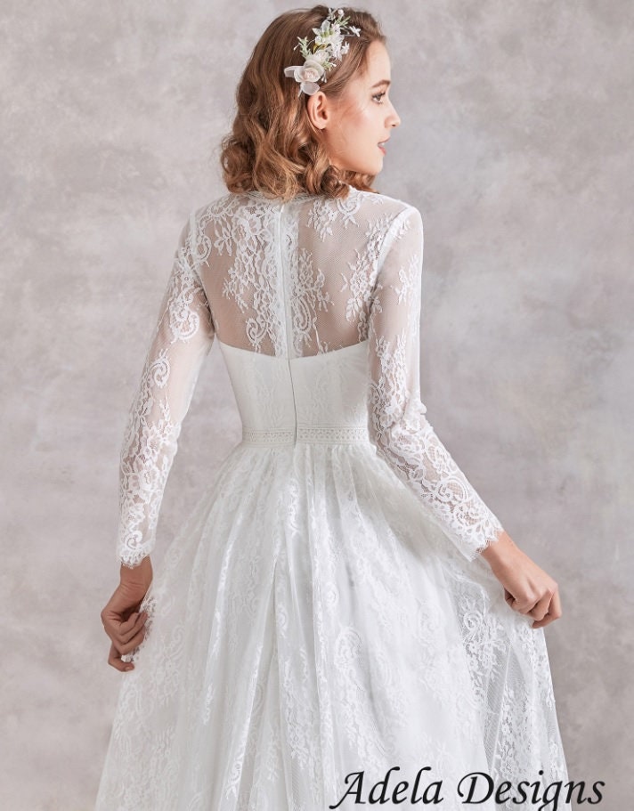 Simple Classic Long Sleeves All Over Lace Boho Wedding Dress Bridal Gown Aline Vintage Style