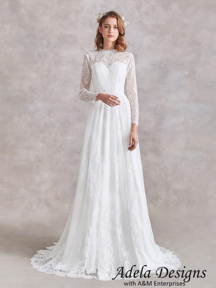 Simple Classic Long Sleeves All Over Lace Boho Wedding Dress Bridal Gown Aline Vintage Style