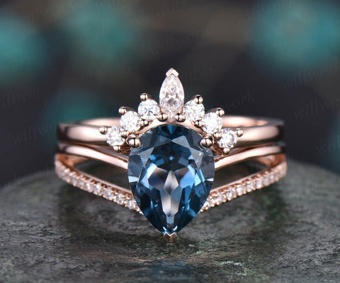 2pc diamond bridal set art deco crown moissanite ring 7x9mm pear London blue topaz engagement ring set rose gold November birthstone ring