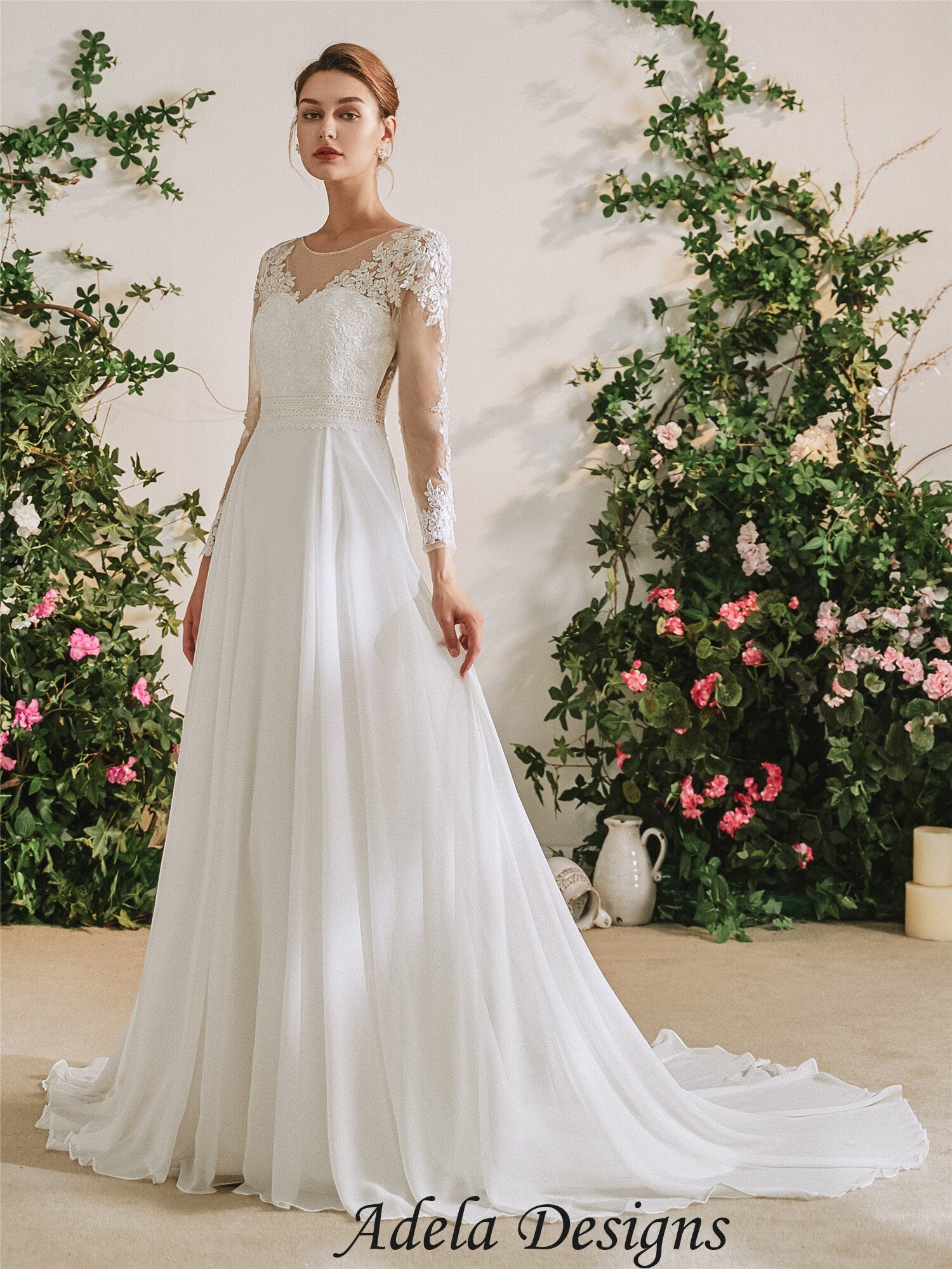Emmy Long Sleeve A-Line Chiffon Wedding Dress Lace Back A & M Enterprises Bridal Emmy Long Sleeve A-Line Chiffon Wedding Dress Lace Back A & M Enterprises Bridal