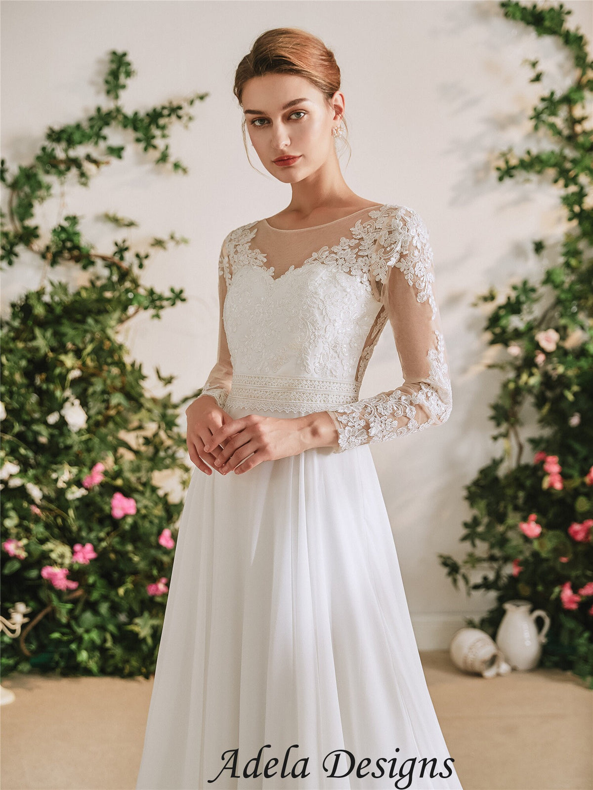 Long Sleeves Chiffon A-Line Lace Boho Wedding Dress Bridal Gown Illusion Back Modest Plus Size