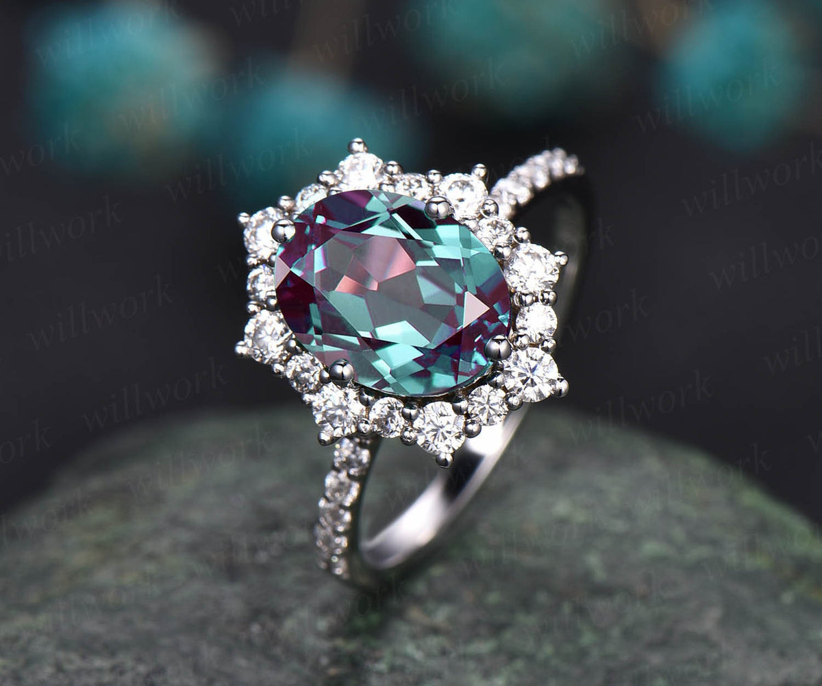 2ct Unique oval cut Alexandrite engagement ring white gold cluster halo moissanite ring antique half eternity wedding bridal ring for women gift