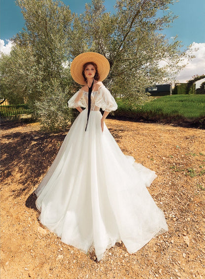 Beautiful Unique Off the Shoulder Puff Sleeves ALine Off White Wedding Dress Bridal Gown with Train