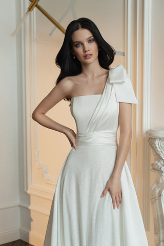 Simple Minimalist Sparkle Aline Straight Neckline Sleeveless Wedding Dress Bridal Gown Detachable One Shoulder