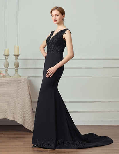 Black Crepe Gown Gothic Wedding Dress Bridal V Neckline Sleeveless Fit and Flare Style Mermaid Open Back Unique Design with Cape