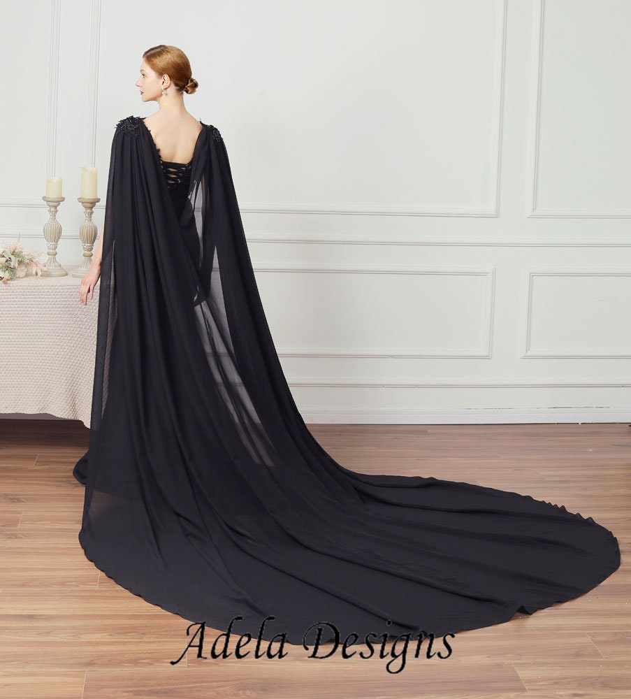 Black Crepe Gown Gothic Wedding Dress Bridal V Neckline Sleeveless Fit and Flare Style Mermaid Open Back Unique Design with Cape