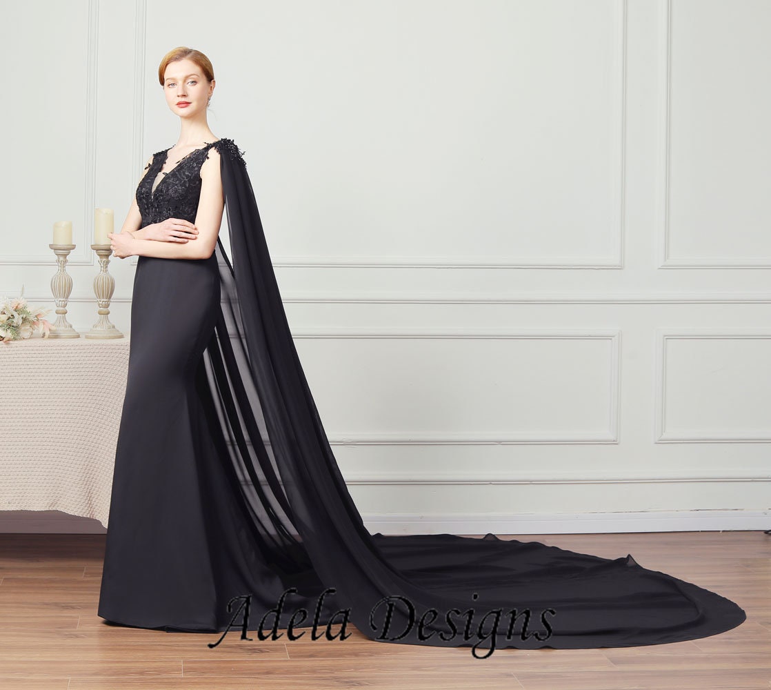 Black Crepe Gown Gothic Wedding Dress Bridal V Neckline Sleeveless Fit and Flare Style Mermaid Open Back Unique Design with Cape