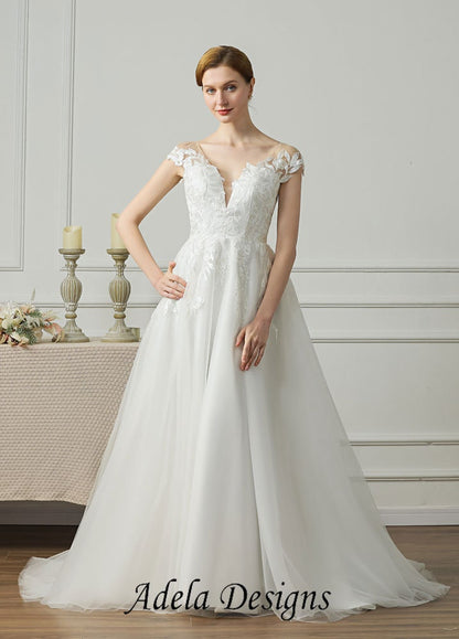 A-Line Simple Lace Tulle Wide V Neckline Short Cape Sleeve Wedding Dress Bridal Gown with Train Open Illusion Back with Buttons