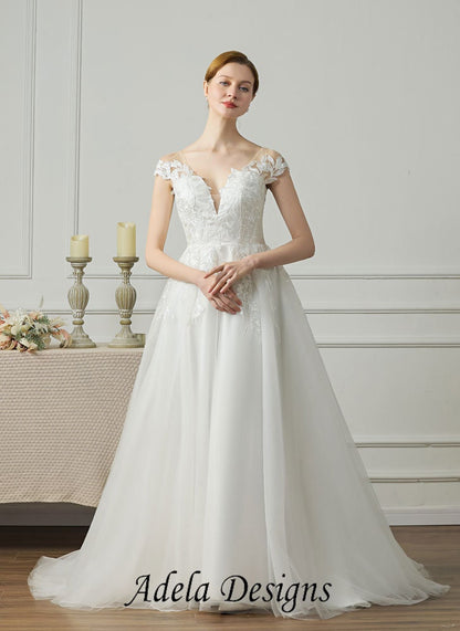 A-Line Simple Lace Tulle Wide V Neckline Short Cape Sleeve Wedding Dress Bridal Gown with Train Open Illusion Back with Buttons