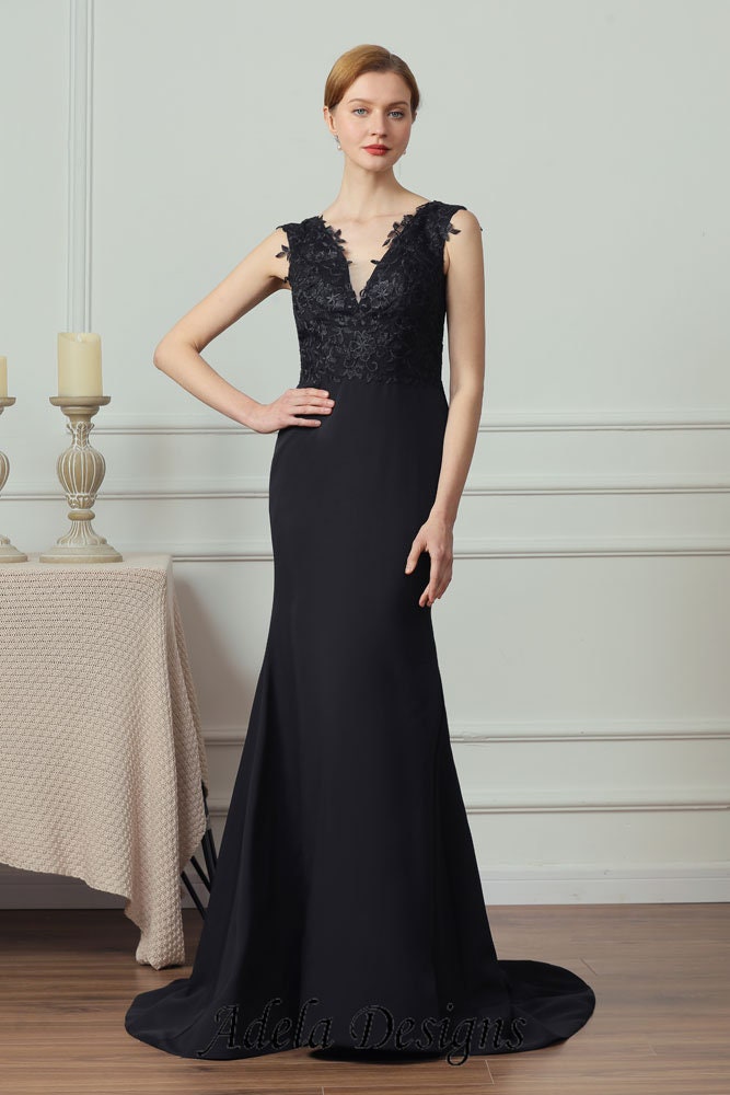 Black Crepe Gown Gothic Wedding Dress Bridal V Neckline Sleeveless Fit and Flare Style Mermaid Open Back Unique Design with Cape