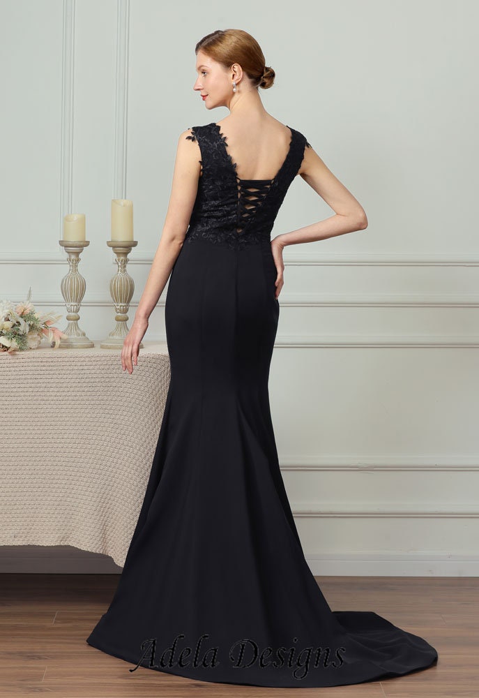 Black Crepe Gown Gothic Wedding Dress Bridal V Neckline Sleeveless Fit and Flare Style Mermaid Open Back Unique Design with Cape