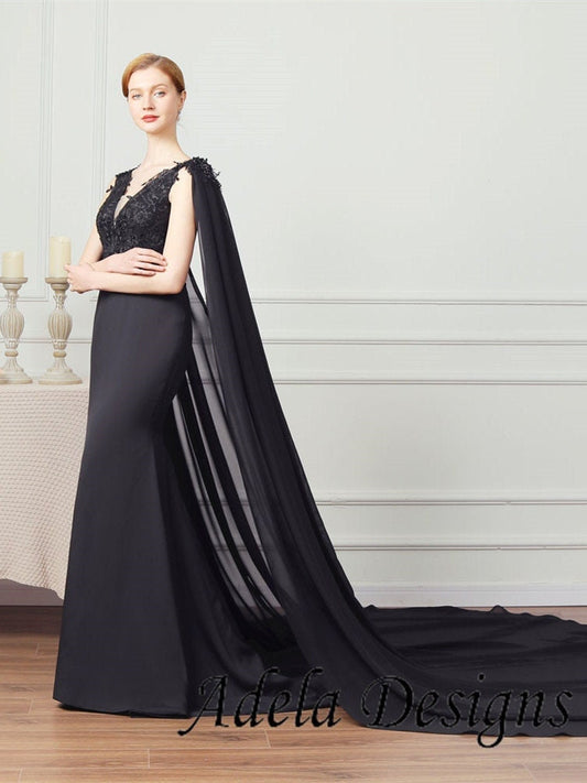 Black Crepe Gown Gothic Wedding Dress Bridal V Neckline Sleeveless Fit and Flare Style Mermaid Open Back Unique Design with Cape