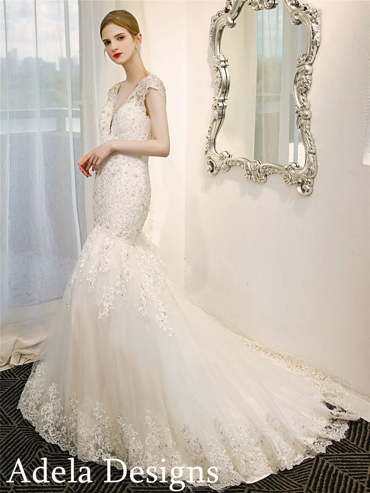 Beaded V Neck Lace Wedding Dress Bridal Gown Mermaid Trumpet with Low Open Back Cap Sleeves