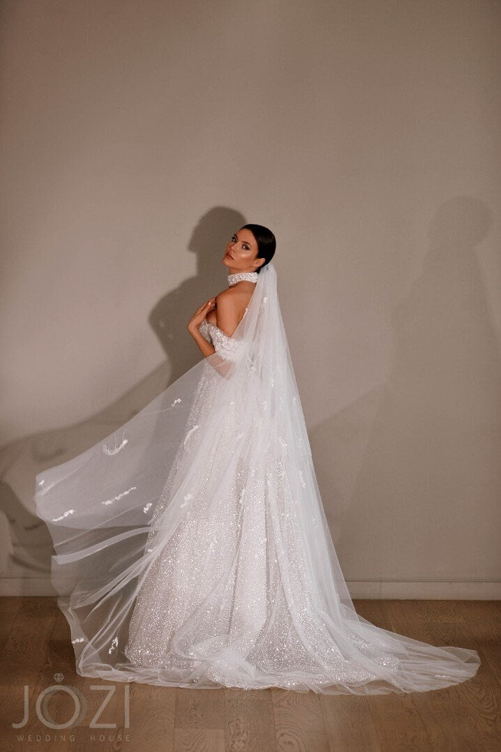 Off The Shoulder Plunging V Neckline Open Back Aline Glitter Sparkle Wedding Dress Bridal Gown Light Catching Unique Design Sexy with Train